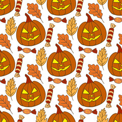 Seamless pattern Halloween pumpkins and autumn leaves vector illustration
