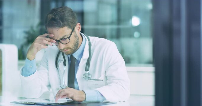 Doctor doing research on digital tablet and thinking about medicine, surgery innovation and health. Frustrated, confused and unsure healthcare worker browsing the internet and analyzing science data