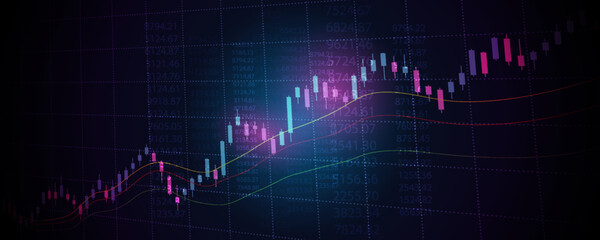 Fototapeta na wymiar Financial graph with up trend line candlestick chart in stock market on neon color Widescreen background 