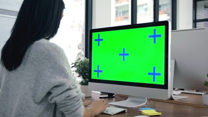 Business people typing on mockup green screen computer working on office desk. Woman doing SEO marketing or ERP UX research on internet using digital PC monitor with chroma key copy space technology.