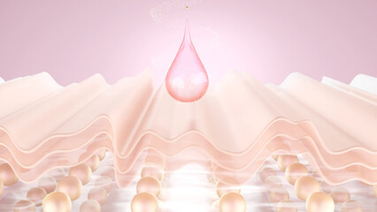 Pink Water serum drop on saggy skin layer. 3D illustration