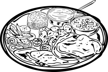 Traditional indian food Thali line art vector, Indian cuisine sketch drawing, Indian thali full of curry, spice, chapati and rice silhouette drawing