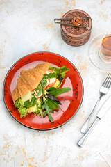 sandwich with cheese and tomatoes with greens and pesto sauce in a red plate vertical photo
