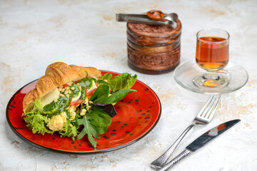 sandwich with cheese and tomatoes with herbs and pesto sauce in a red plate on a white background
