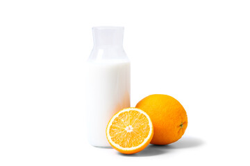 Milk in bottle with orange fruit. Isolate on white background. orange milk menu concept.