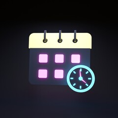 Calendar icon with clock. 3d render illustration.
