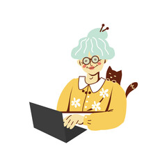 Cute old woman is reading an article on a laptop computer at home. Grandma is engaged in online education. Web courses, modern technologies and old ones. Vector illustration in a flat style. 