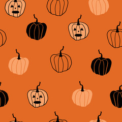 Halloween seamless pattern with 
 pumpkin faces on an orange background. Perfect for wallpaper, gift paper, fabric, holiday decorations, greeting cards. Vector illustration