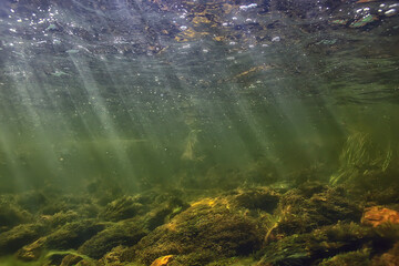 sun rays under water landscape, seascape fresh water river diving