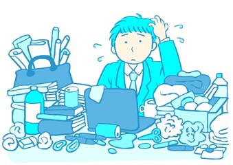 大人の発達障害　会社のデスクが片づけられず困っている男性　シンプル