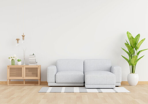 Grey sofa in white living room with copy space, 3D rendering