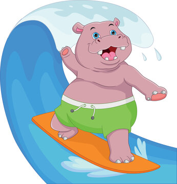 cute hippo surfing cartoon