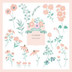 ガーリーピンクな花のイラストセット ベクターデザイン