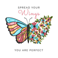 Art flower butterfly. Girls slogan. Cool summer fashion design. Spring wild moth. Floral elements. Motivational phrase concept. Vintage print. Blossoms at insect wing. Vector illustration