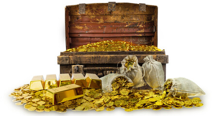 A lot of stacking gold coins in treasure stack and gold bar 