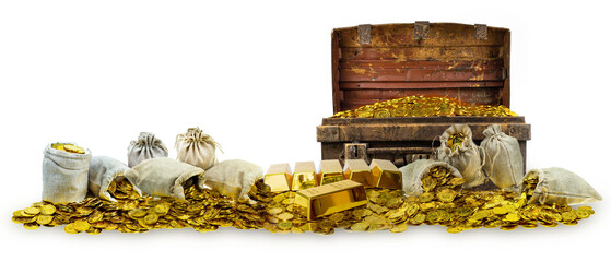 A lot of stacking gold coins in treasure stack and gold bar