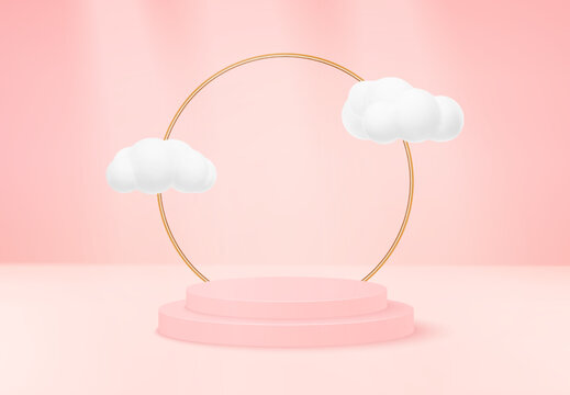 3d podium. Abstract modern creative platform with light, white clouds and golden circle frame. Products presentation and advertising background. Minimal design showcase, vector clean decoration