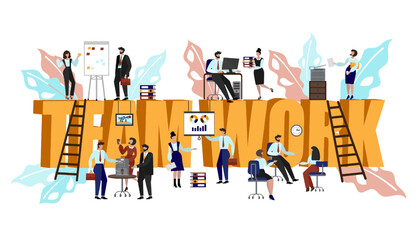 Teamwork word. Business people. Global team. Abstract work characters. Finance graphic text. Men and women office scenes. Colleagues group. Workers cooperation. Vector concept design