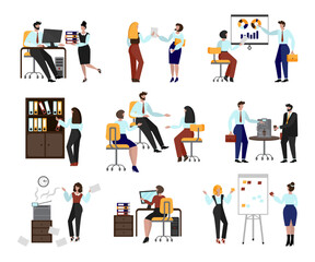 Work people characters. Men and women office groups. Minimal business scenes set. Computer on desk. Colleagues behavior. Employees at coffee break. Company managers. Vector illustration
