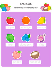 calligraphy words according to guide lines about fruits in science subject exercises sheet kawaii doodle vector cartoon