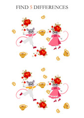 Look carefully at two funny pictures with cute cartoon mice and find 5 differences. Logical game for kids. Puzzle for preschoolers.