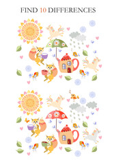 Fototapeta na wymiar Look carefully at two fabulous pictures with cute cartoon squirrels, unicorns, birds, teapots, cups and find 10 differences. Logical game for kids. Puzzle for preschoolers.