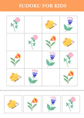 Sudoku for kids with cartoon flowers and butterflies. Logical game for kids. Puzzle for preschoolers.