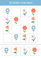 Fototapeta na wymiar Sudoku for kids with cute fairytale flowers. Logical game for kids. Puzzle for preschoolers.