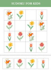 Sudoku for kids with garden flowers. Logical game for kids. Puzzle for preschoolers.