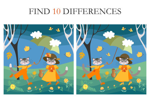 Compare two funny pictures of cute cartoon cats walking and find 10 differences. Logical game for kids. Puzzle for preschoolers.