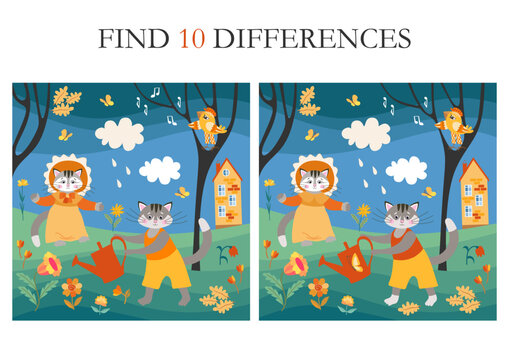 Look closely at two funny pictures of cute cartoon cats in the garden and find 10 differences. Logical game for kids. Puzzle for preschoolers.