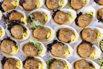 mini meatballs in small wooden bowls