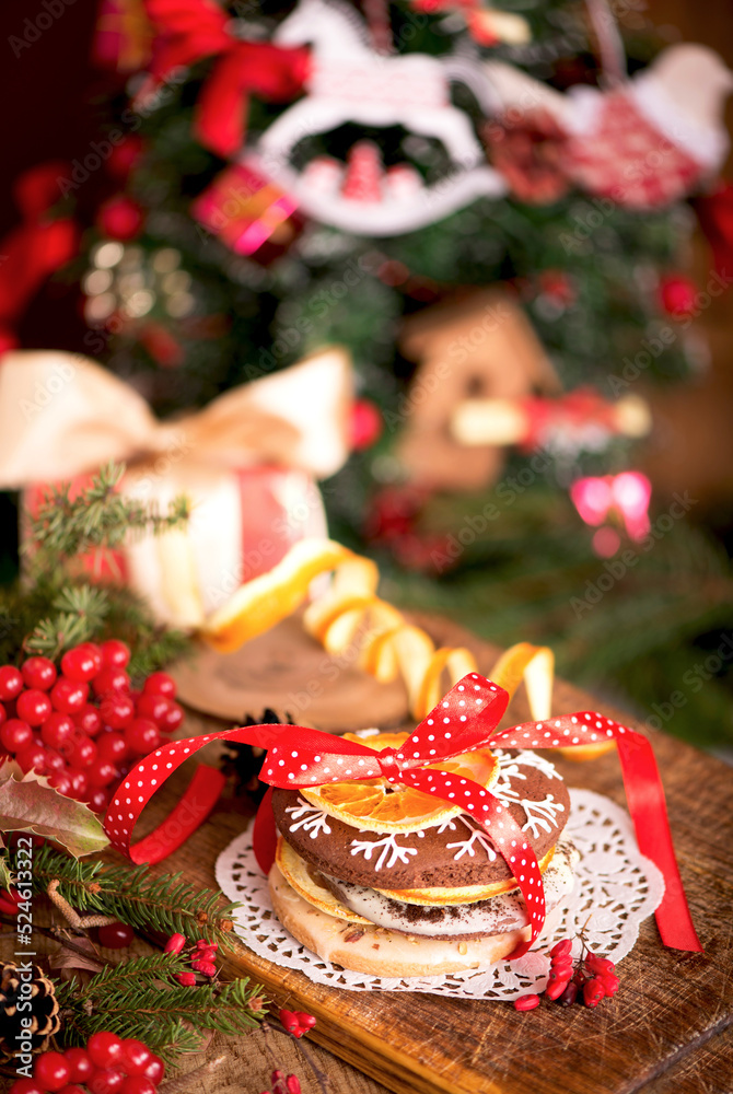 Sticker Christmas decoration with cookies on an old wooden background.