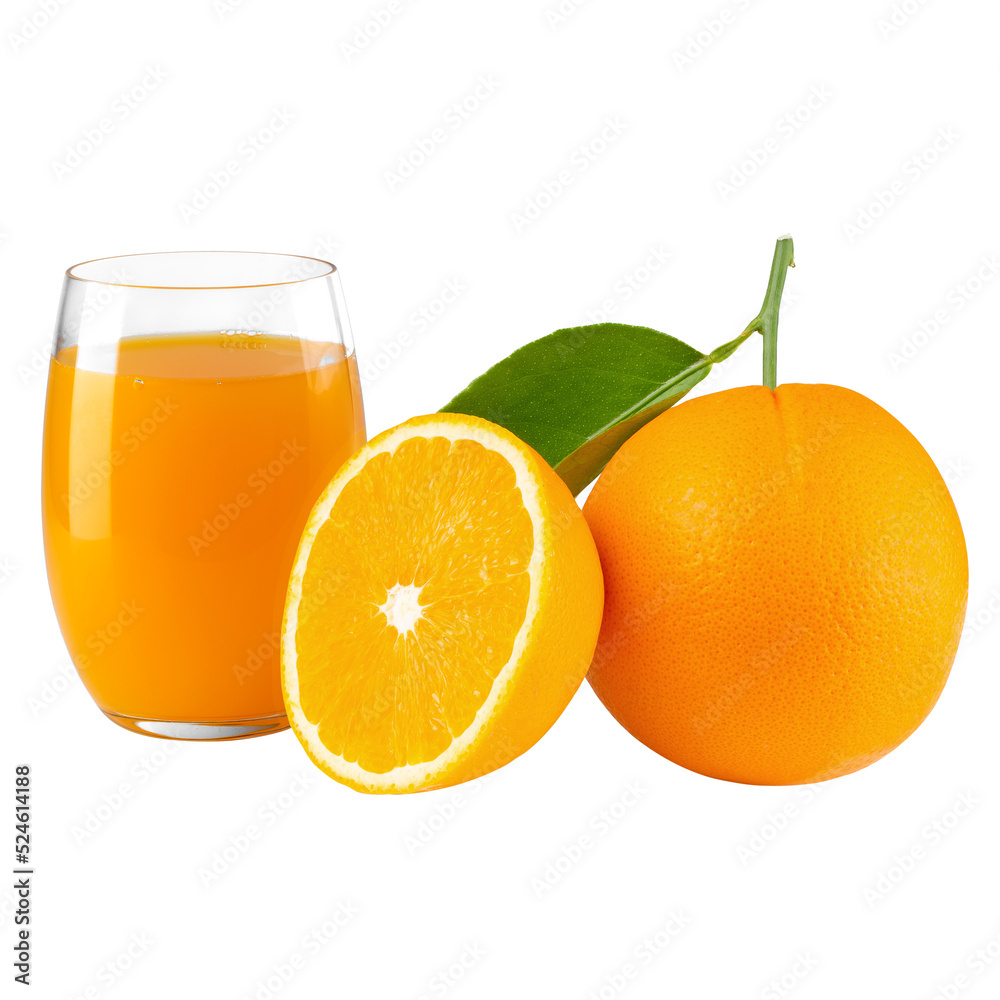 Wall mural Fresh orange juice and orange fruit isolated on alpha layer background - Wall murals