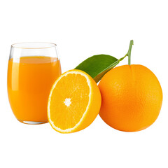 Fresh orange juice and orange fruit isolated on alpha layer background