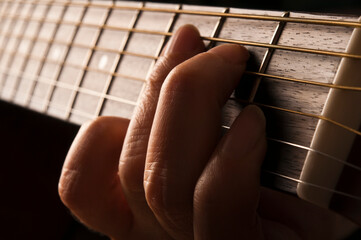 close up of a muscian hands playing a classic acoustic guitar