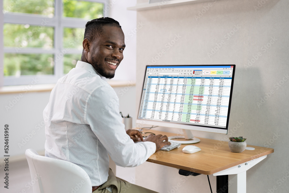 Poster data analyst african man using spreadsheet