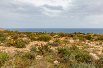 Danger sea wave crashing on rock coast with spray and foam before storm