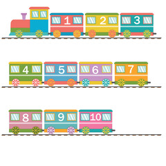 Wooden train with carriages and numbers, back to school, color vector illustration in flat style