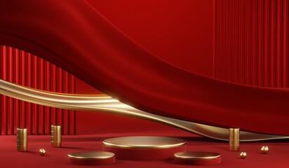 3D rendering of blank product background for cream cosmetics Modern red podium background