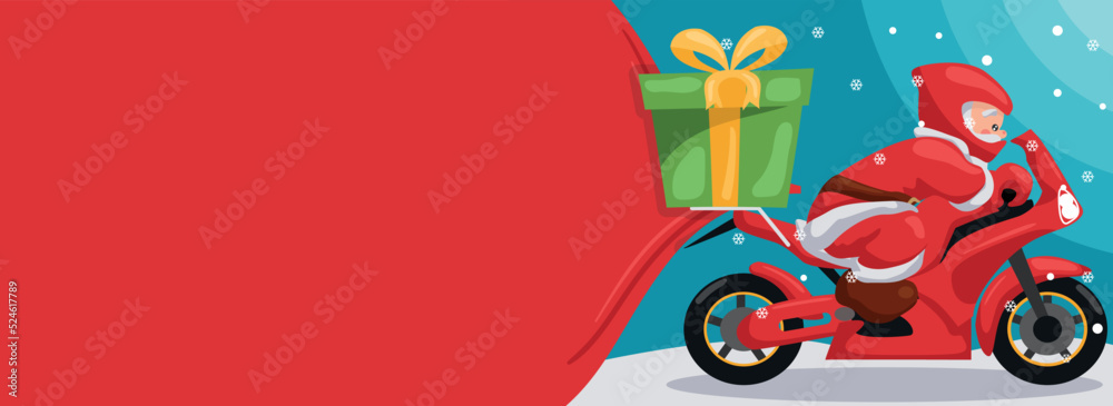 Wall mural Merry christmas background with santa claus riding motorcycle and pulling bag of gifts. Christmas banner with space for text