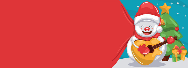 Merry christmas background with santa claus snowman playing guitar on snow, christmas tree and gift boxes. Christmas banner with space for text