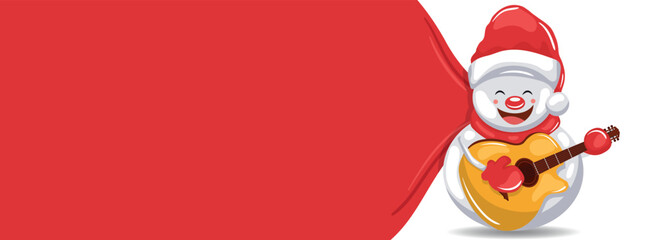 Merry christmas background with santa claus snowman playing guitar. Christmas banner with space for text