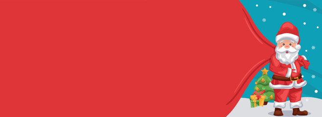 Merry christmas background with santa claus pulling gift bag on snow with tree and gift boxes. Christmas banner with space for text