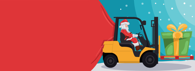 Merry christmas background with santa claus driving forklift Christmas banner with space for text