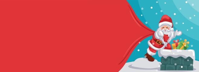 Merry christmas background with santa claus entering through a chimney and pulling bag of gifts on the snow. Christmas banner with space for text