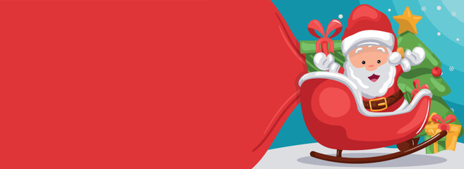 Merry christmas background with santa claus on his sleigh and pulling gift bag on snow with christmas tree and gift boxes. Christmas banner with space for text