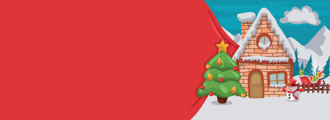 Fototapeta premium Merry christmas background with santa claus house and snowman. Christmas banner with space for text