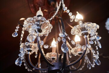 The interior of the room is in vintage style. Crystal chandelier. Decoration with flowers.