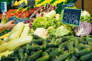 Many fresh and organically grown vegetables displayed on the market table